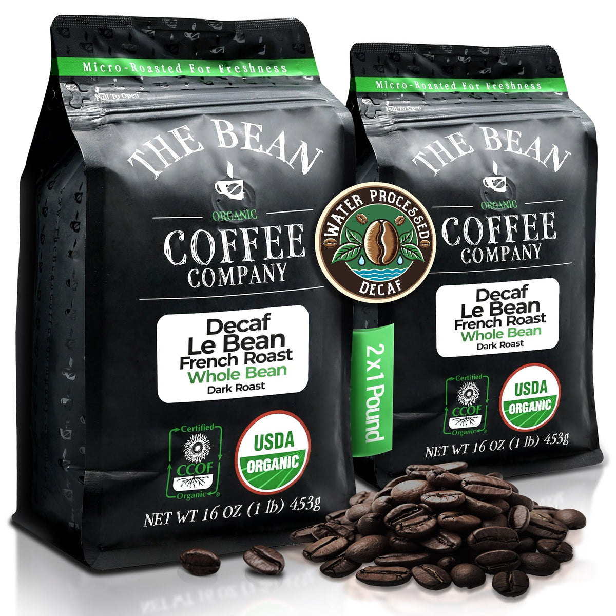 Le Bean Dark French Roast pack two 16oz bags for home brewing by The Bean Coffee Company