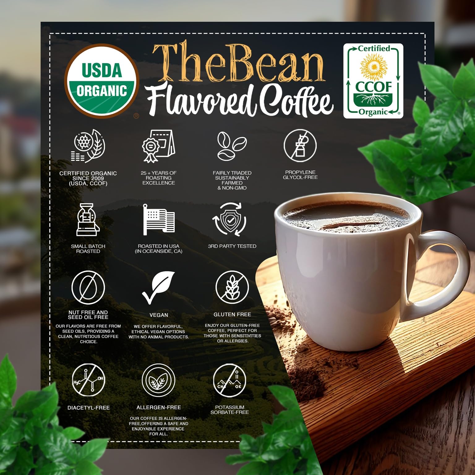 The Bean Coffee Company USDA and CCOF certifications highlight organic quality.