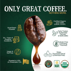 The Bean Le Bean decaf coffee steaming cup, inviting aroma for a quiet morning.