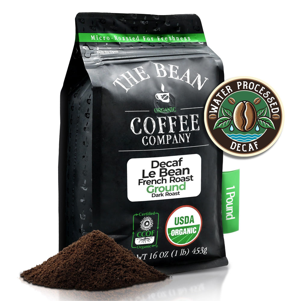 The Bean Le Bean decaf dark French roast pour; bold aroma for mornings.