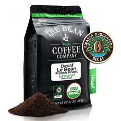 The Bean Le Bean decaf dark French roast pour; bold aroma for mornings.