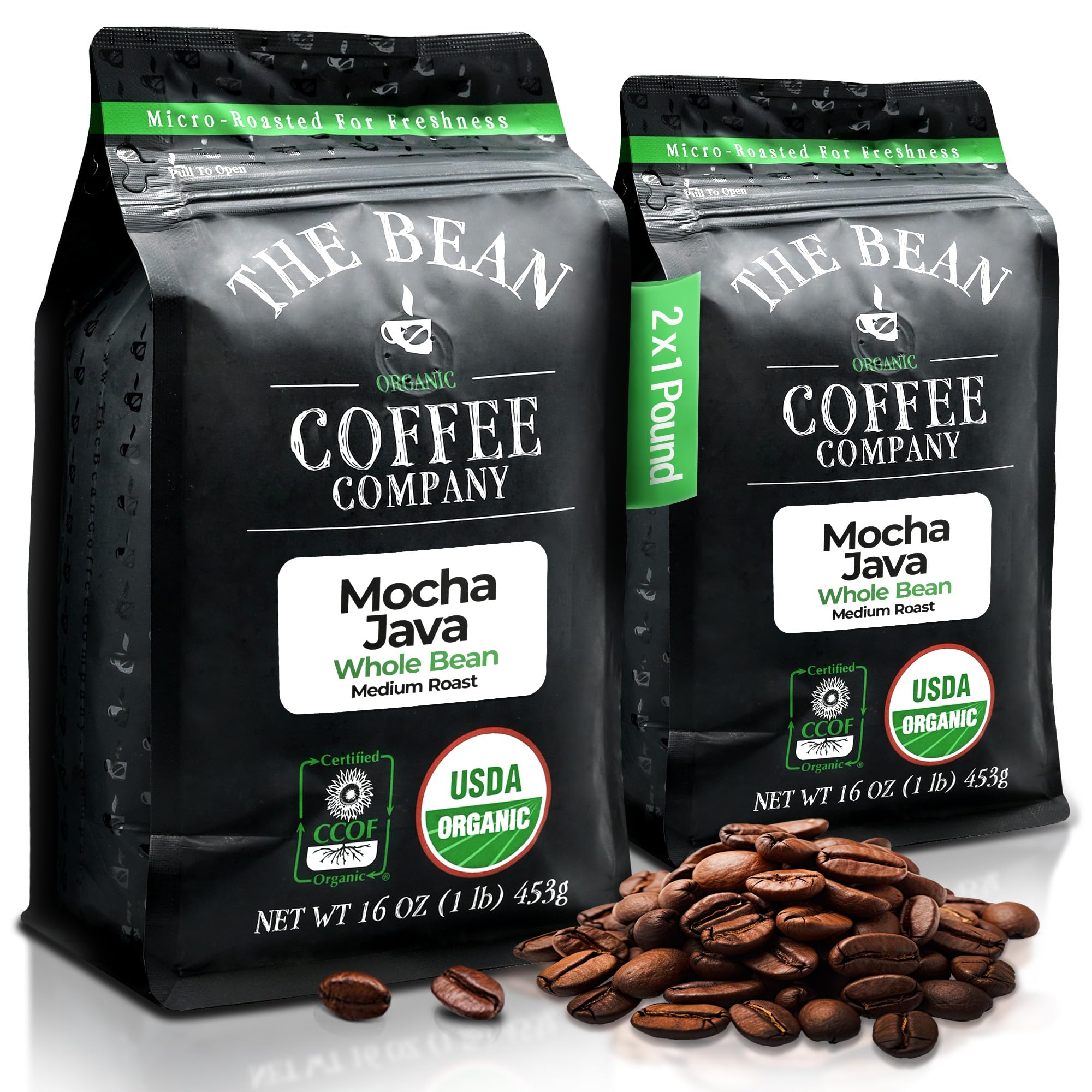 The Bean Organic Coffee Company Mocha Java packaging emphasizes organic, fresh-roasted beans.