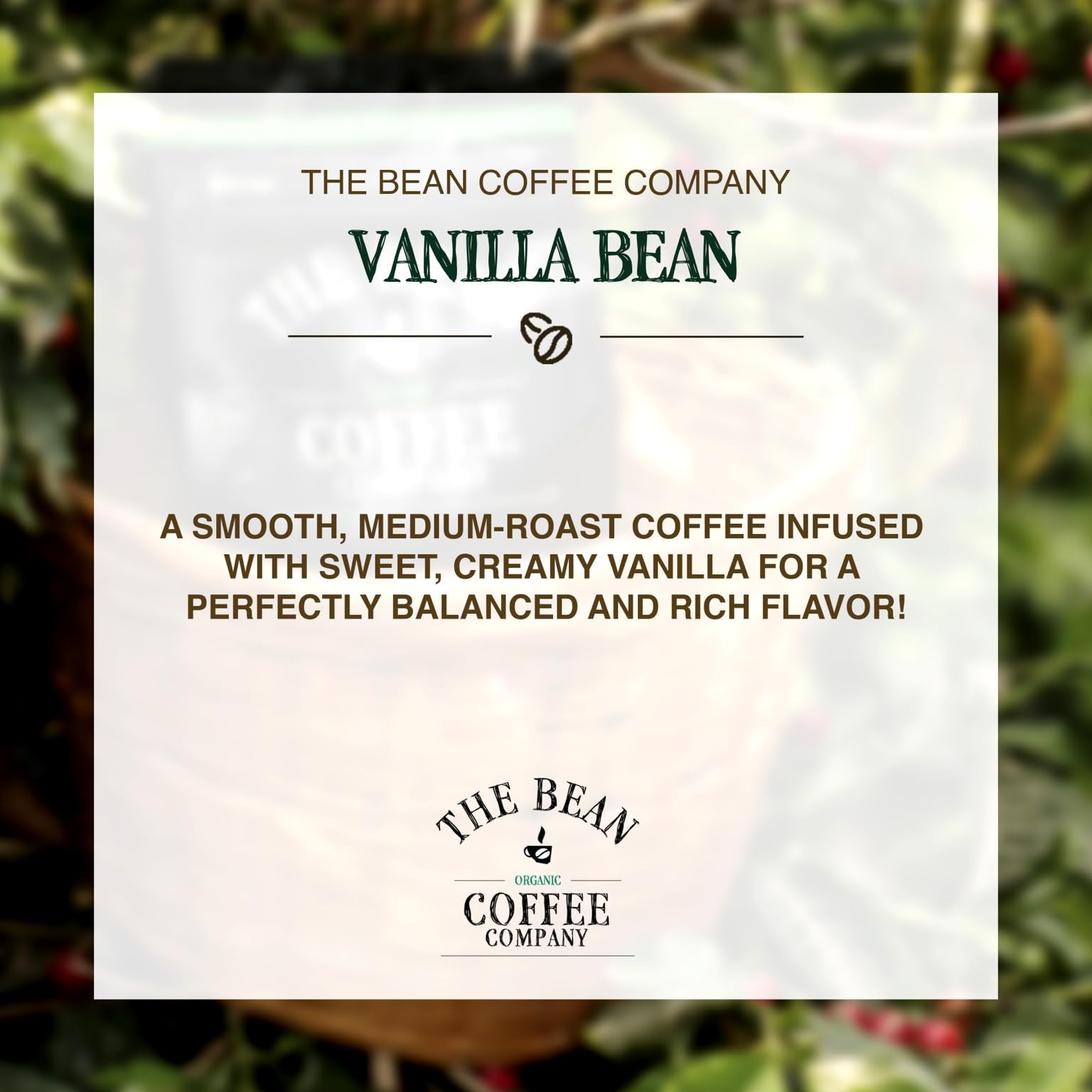 The Bean Organic Coffee Vanilla Bean whole beans bag sits ready to grind for flavorful mornings.