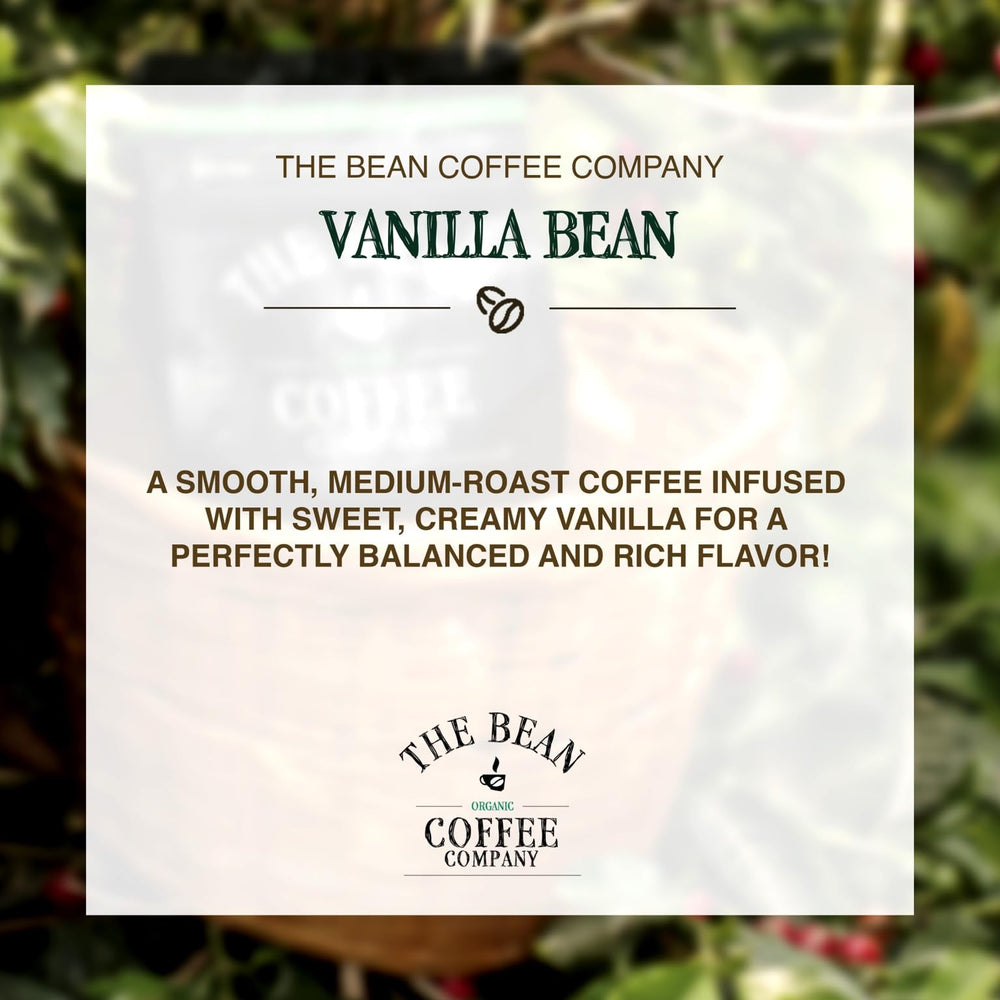 The Bean Organic Coffee Vanilla Bean whole beans bag sits ready to grind for flavorful mornings.