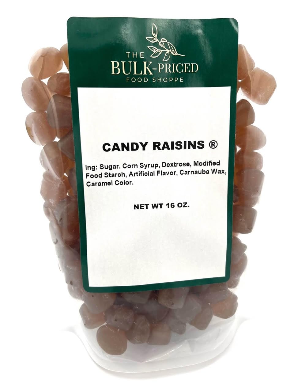 The Bulk-Priced Food Shoppe candy raisins in a resealable bag for convenient snacking.