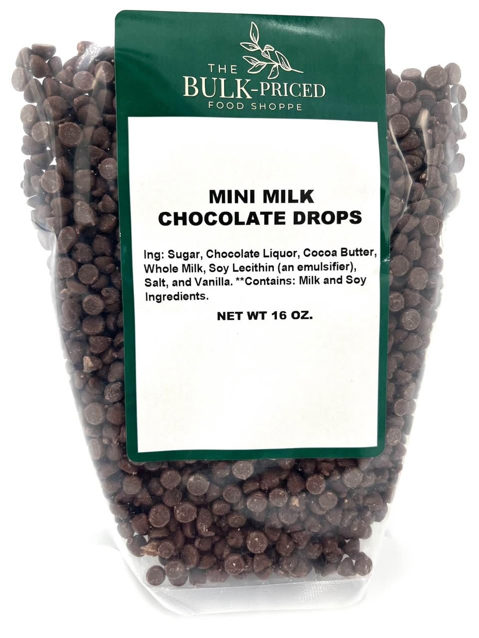The Bulk-Priced Food Shoppe mini milk chocolate chips in resealable bag for freshness.