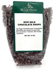 The Bulk-Priced Food Shoppe mini milk chocolate chips in resealable bag for freshness.
