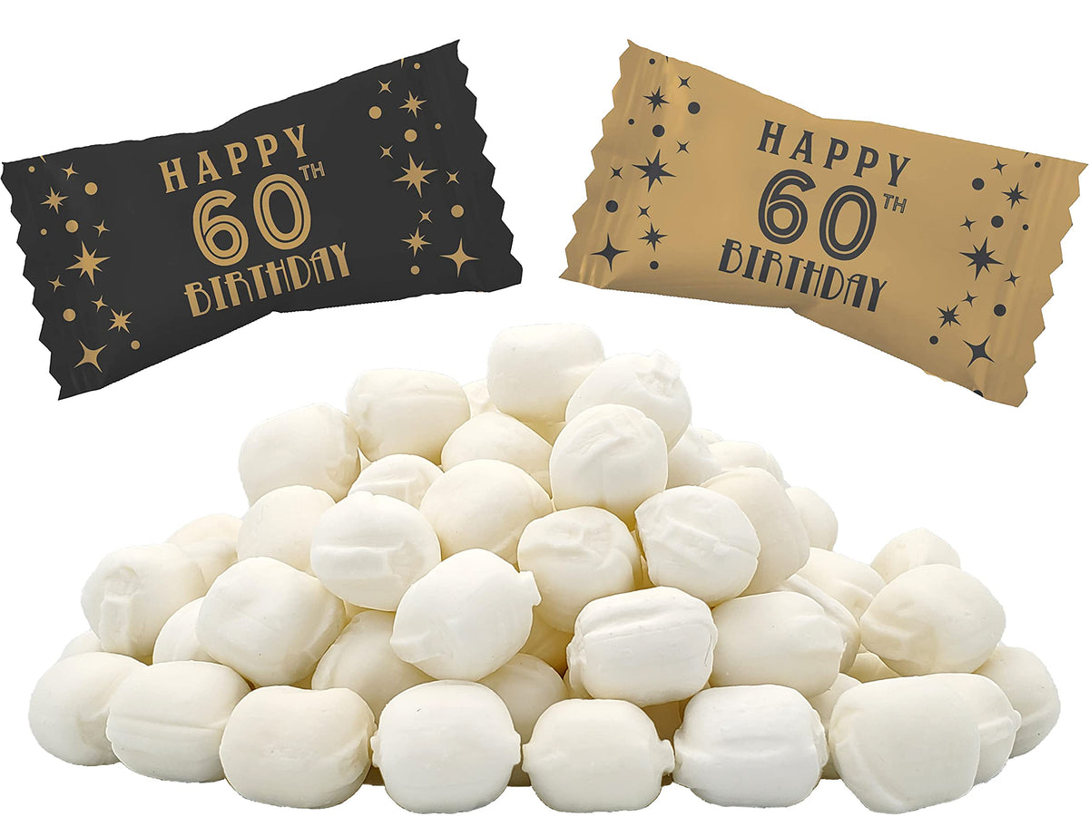 The Dreidel Company 60th birthday buttermints on a serving tray with mint flavor.
