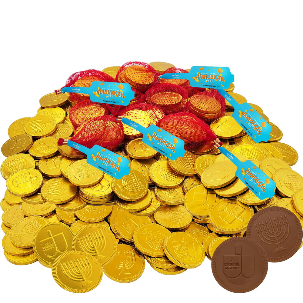 The Dreidel Company Hanukkah gelt mesh bag with milk chocolate coins for gifting.