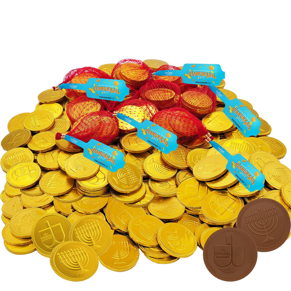The Dreidel Company Hanukkah gelt mesh bag with milk chocolate coins for gifting.