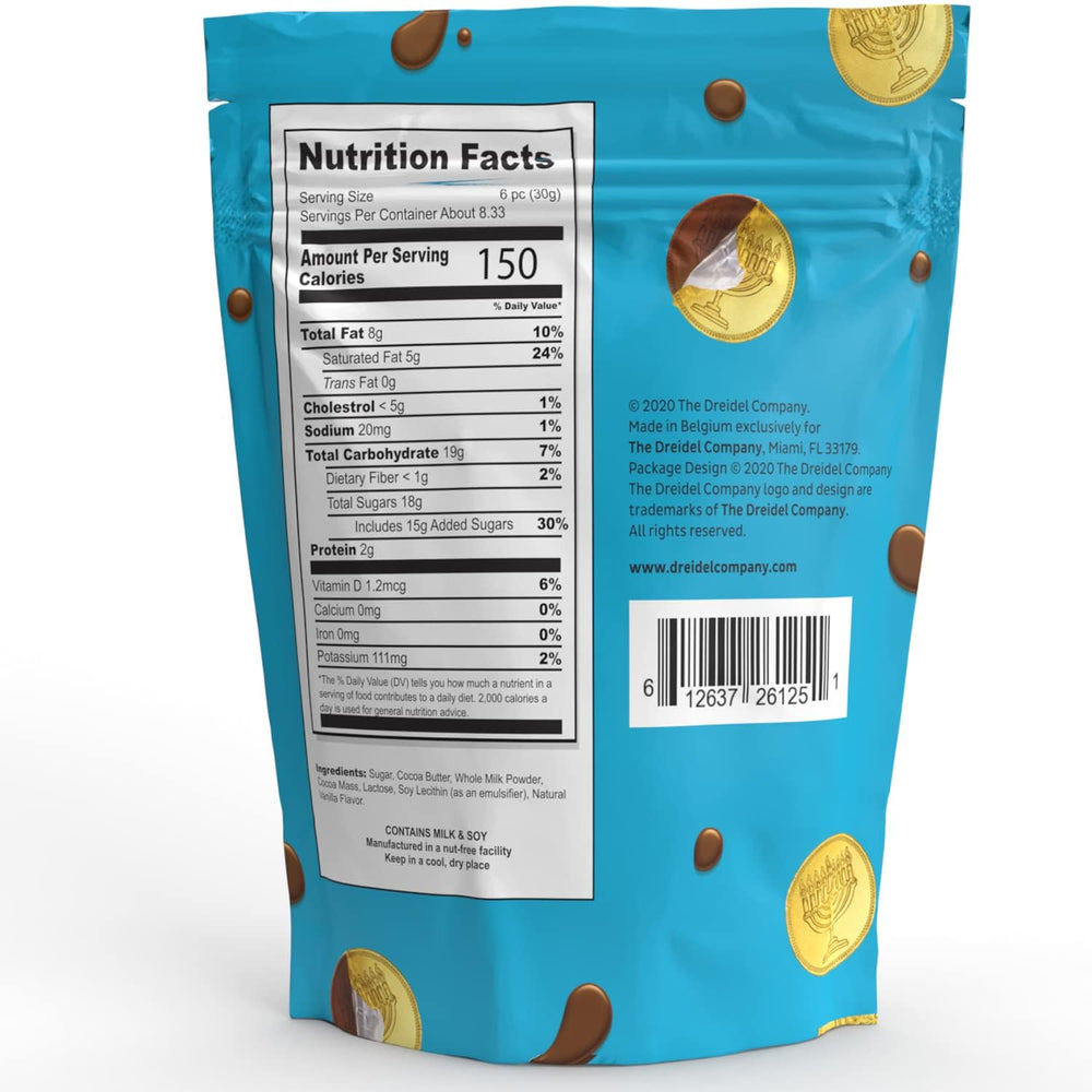 Close-up of milk chocolate gelt by The Dreidel Company, smooth melt and rich cocoa.
