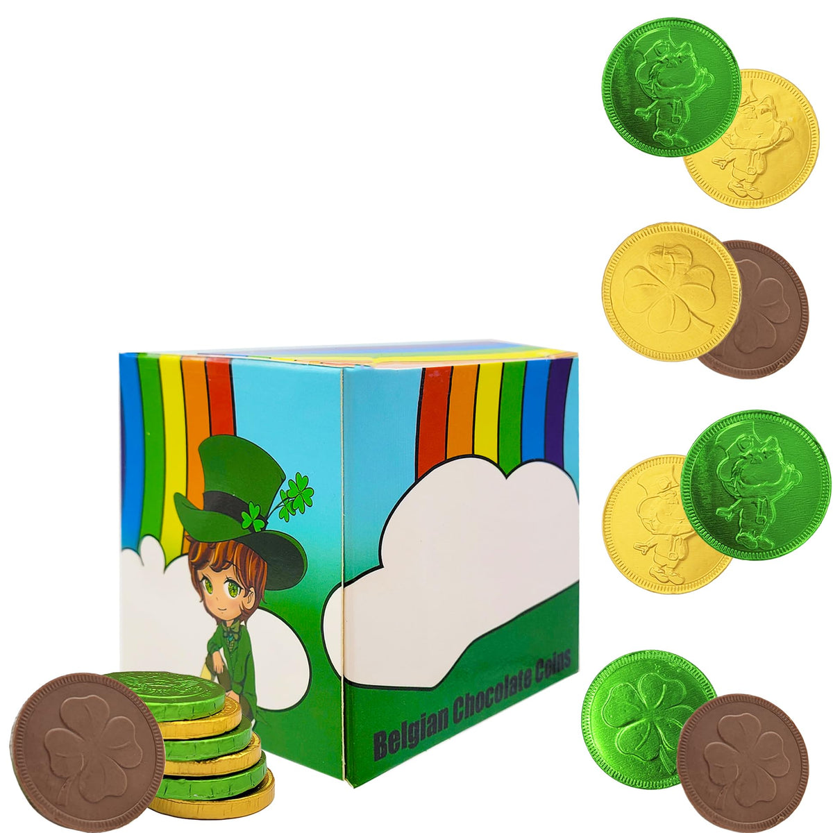 The Dreidel Company Saint Patrick's Day coins in foil with shamrock theme for festive parties.