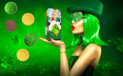 The Dreidel Company Saint Patrick's Day display with green and gold coins at a party.