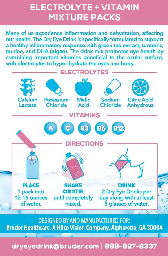 The Dry Eye Drink packaging shows green tea and turmeric blend