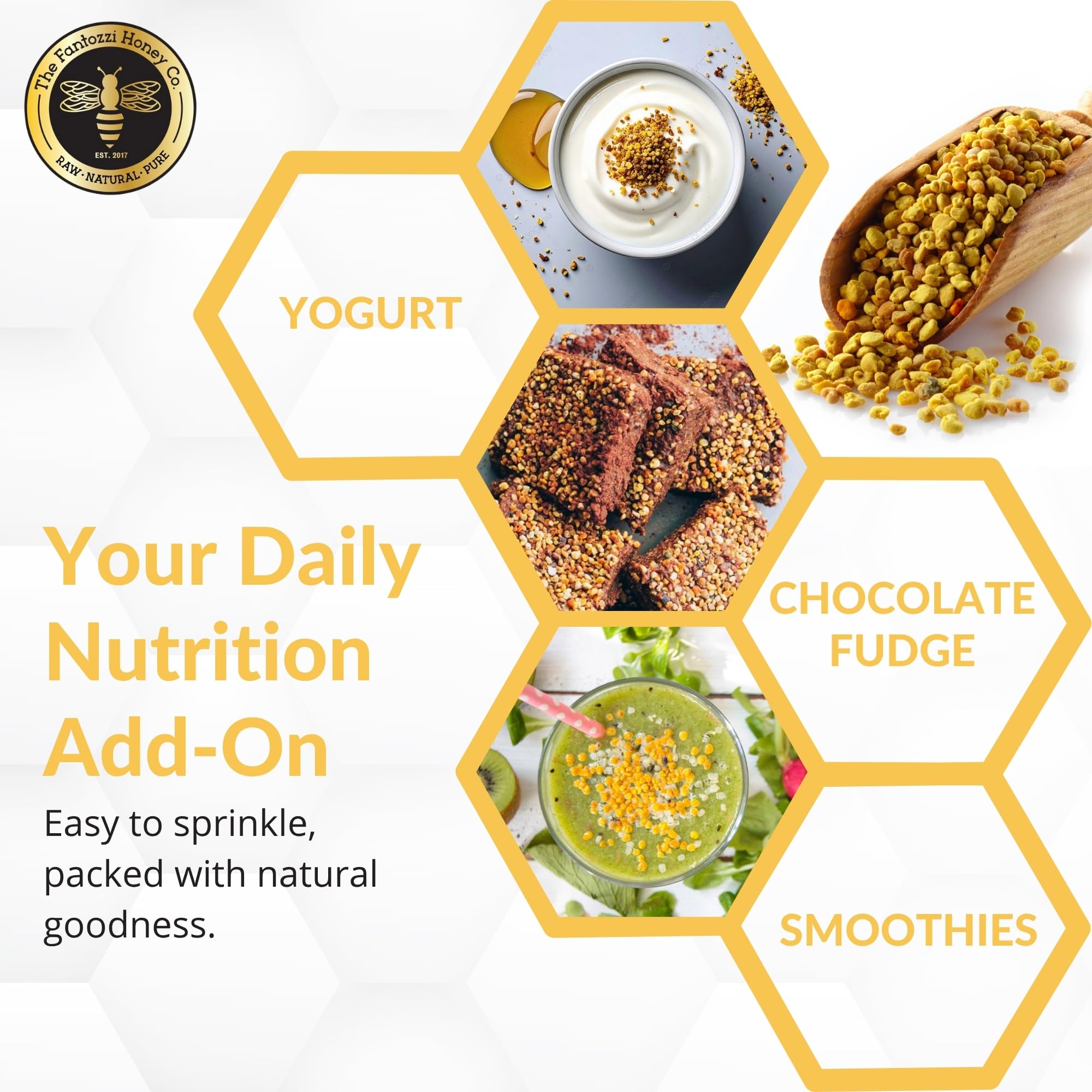 The Fantozzi Honey Co pollen in a smoothie image showing protein and vitamin B content.