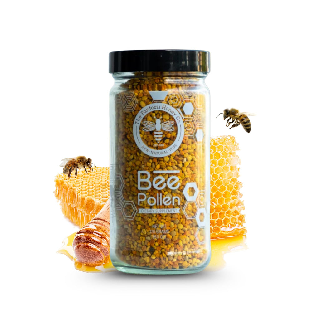 The Fantozzi Honey Co raw bee pollen granules label close-up for daily energy support.