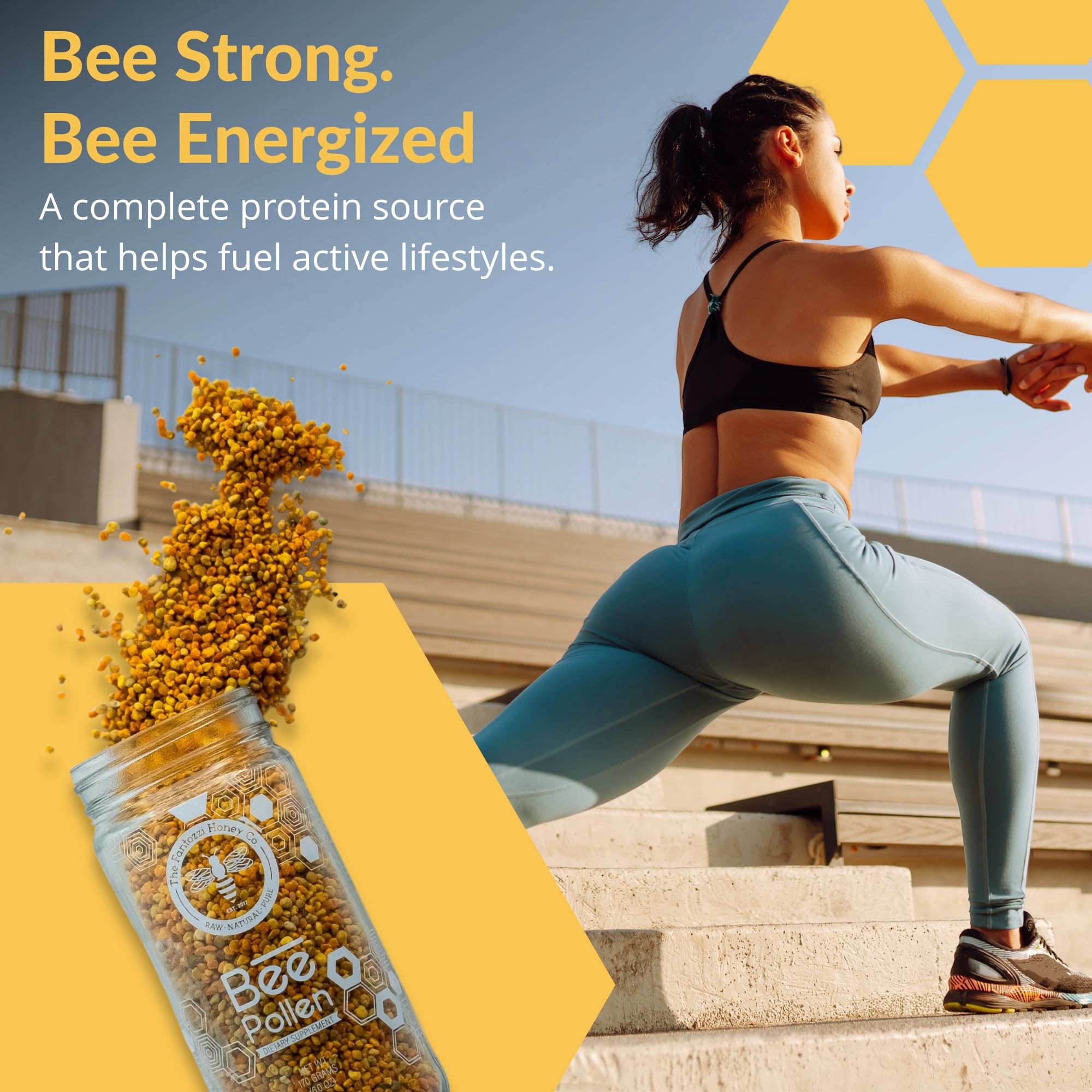 The Fantozzi Honey Co granules pouring from jar emphasizing freshness and quality.