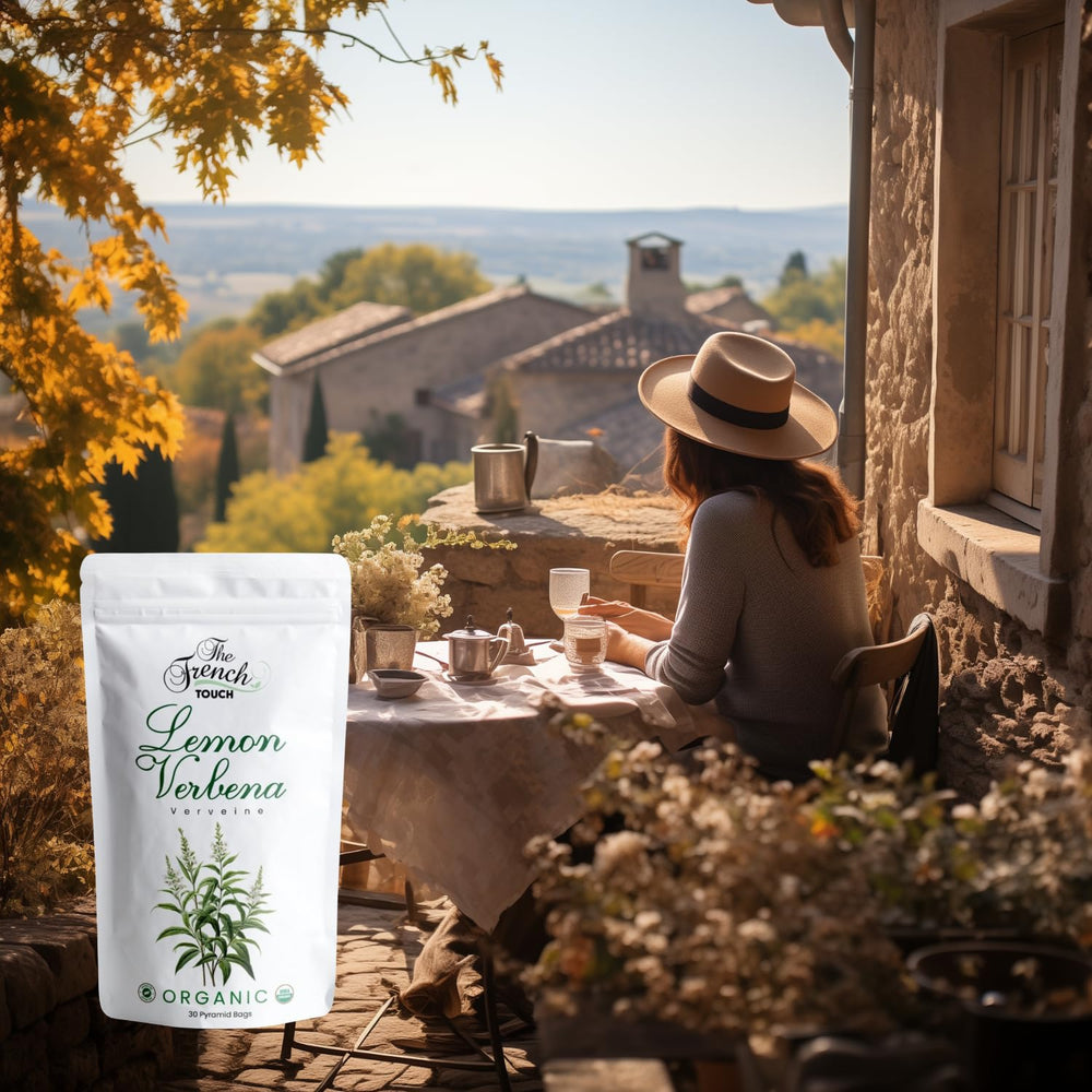 The French Touch Lemon Verbena Tea brand label visible on packaging signals USDA Organic quality.