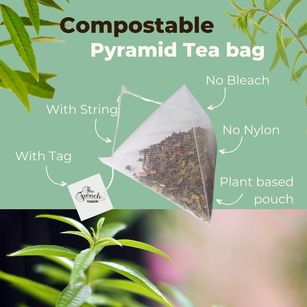 The French Touch Lemon Verbena Tea cup-steeping scene conveys a soothing ritual and citrus aroma.