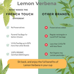 The French Touch Lemon Verbena Tea leaves and verbena image highlights natural, plant-based ingredients.