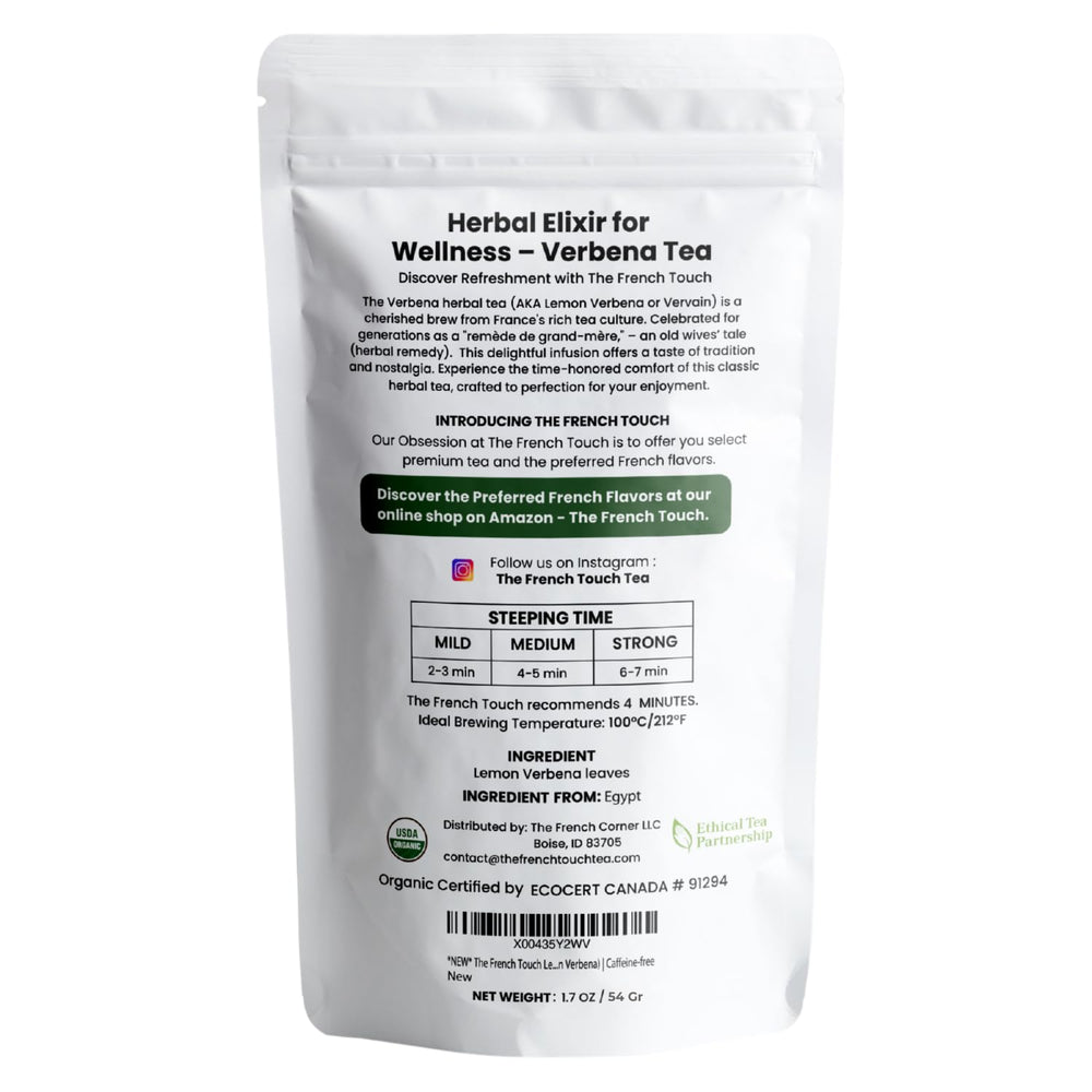 The French Touch Lemon Verbena Tea pack of 30 bags emphasizes convenient, ready-to-brew herbal tea.