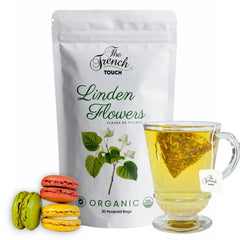 The French Touch Linden Flowers Tea bag closeup shows delicate infusion for a refined moment.