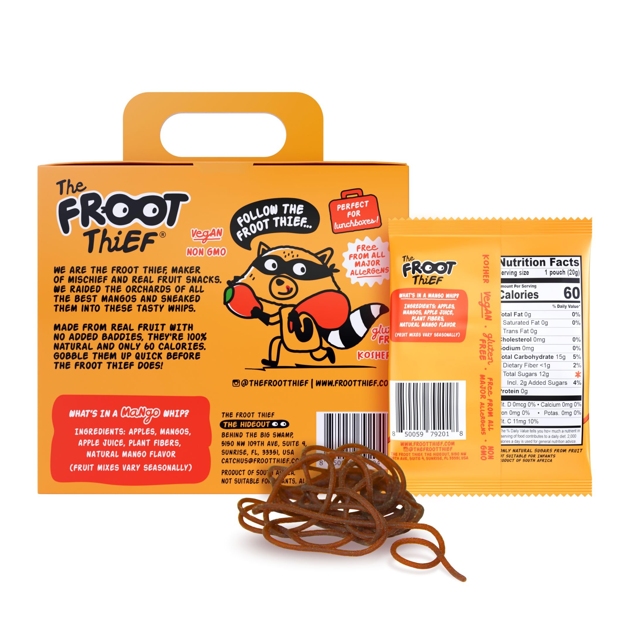 The FROOT Thief Mango real fruit snack whip, individually wrapped for easy packing