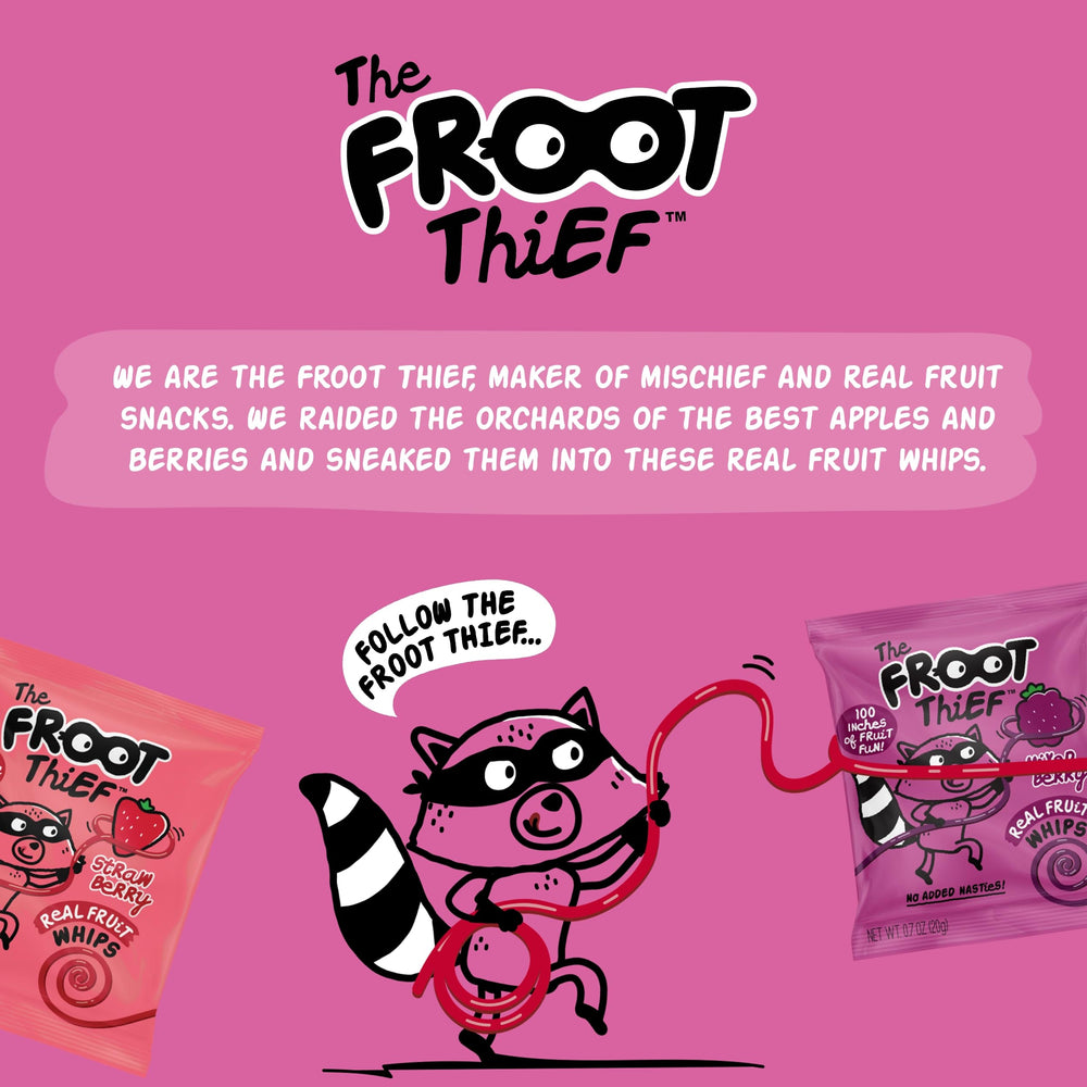The Froot Thief packaging close-up showcases color and freshness of fruit snacks.