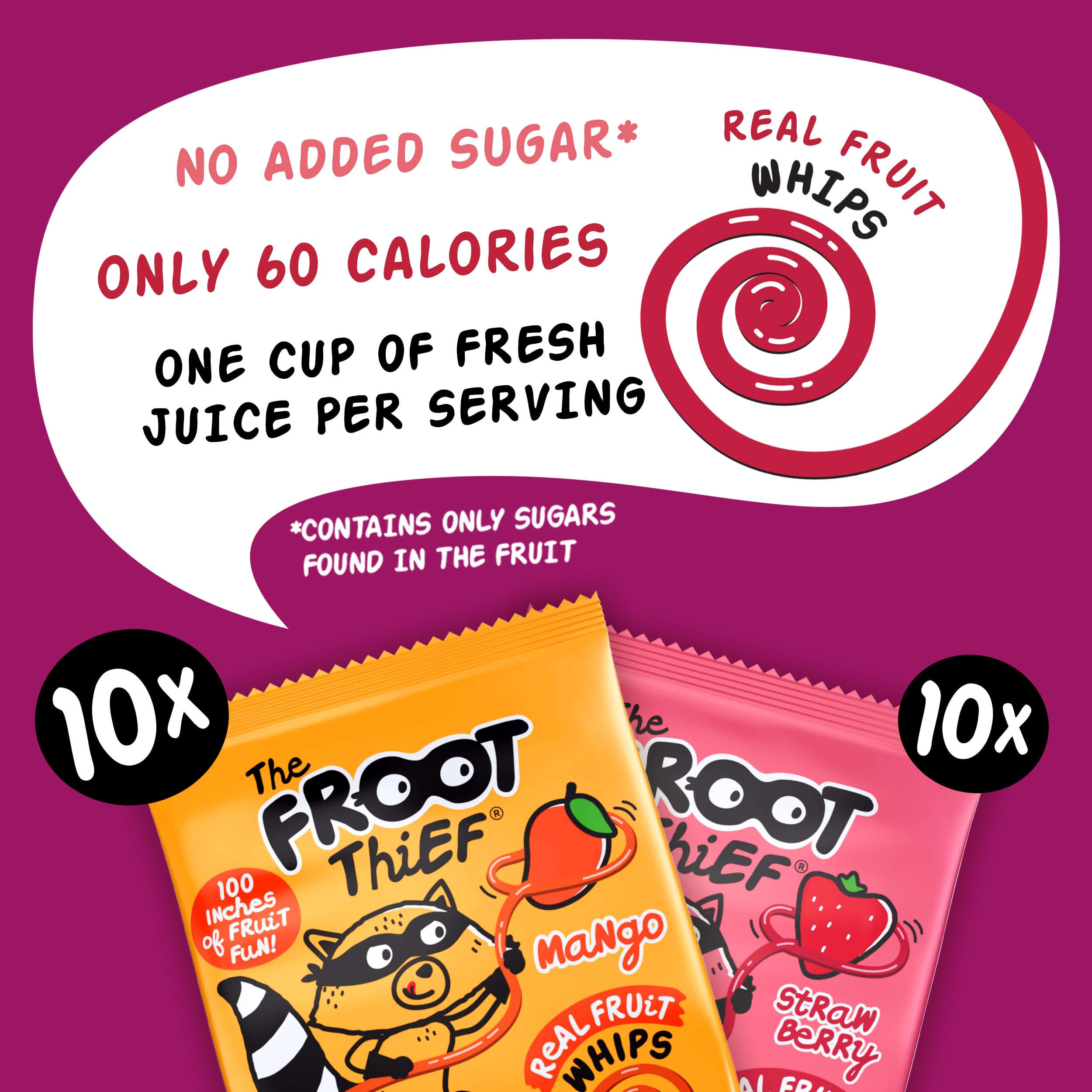 The FROOT Thief Real Fruit Snack Whips close-up reveals bright strawberry textures.