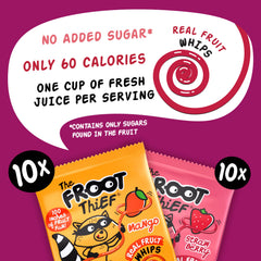 The FROOT Thief Real Fruit Snack Whips close-up reveals bright strawberry textures.