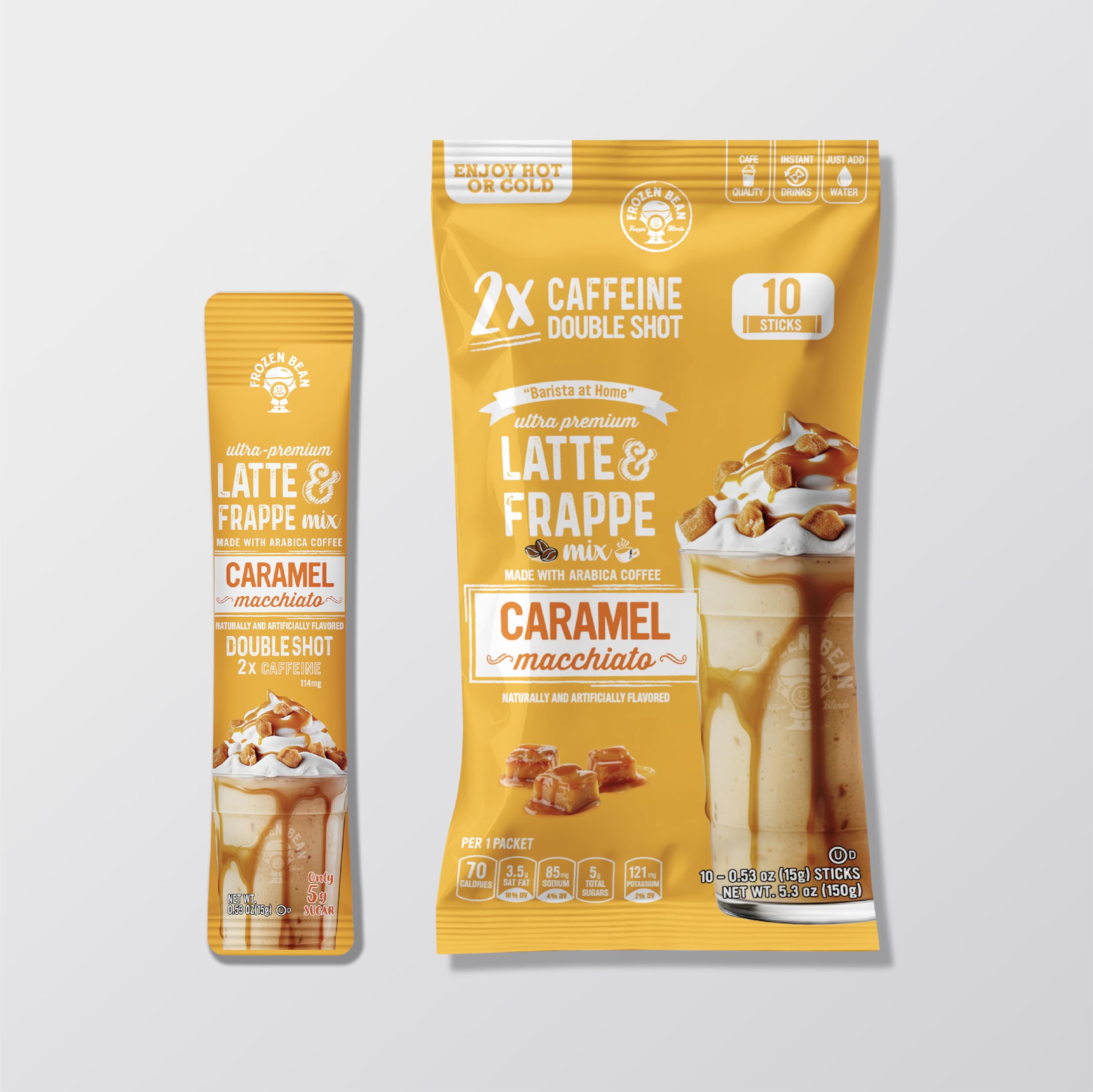 The Frozen Bean caramel macchiato frappe sticks pack shot for quick indulgence and easy prep