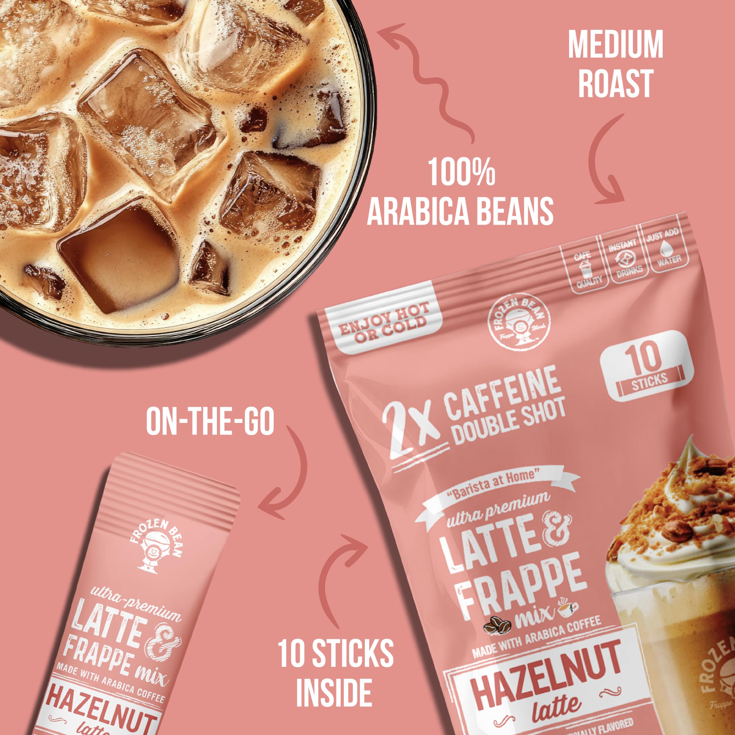 The Frozen Bean hazelnut frappe sticks arranged showcase premium ingredients for authentic cafe flavor.