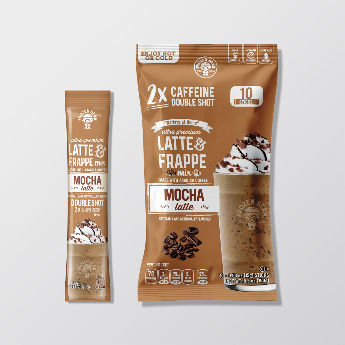 The Frozen Bean Mocha Frappe Instant Mix sticks offer rich flavor for a quick morning pick-me-up.