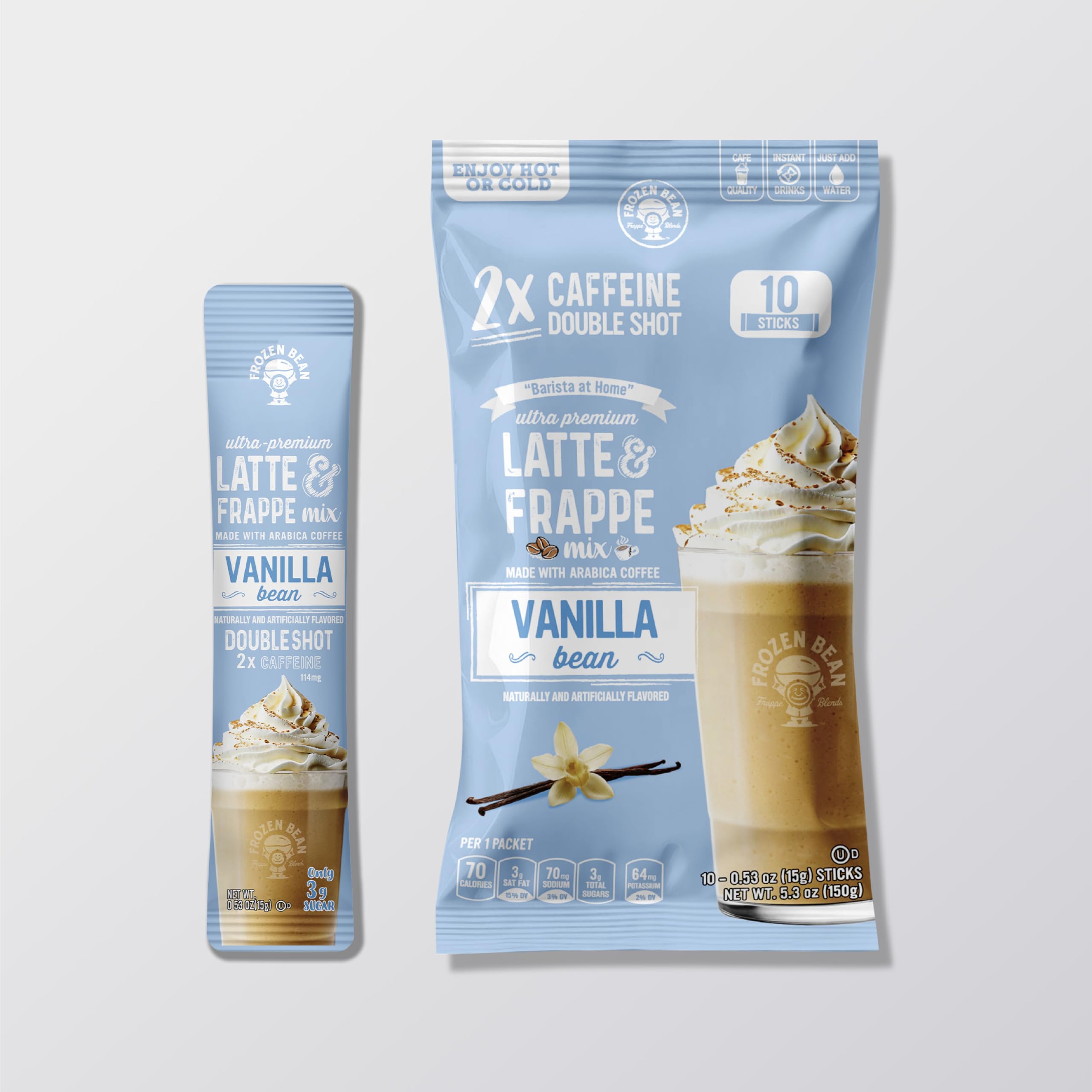 The Frozen Bean Vanilla Bean Frappe sticks pack for quick indulgence.