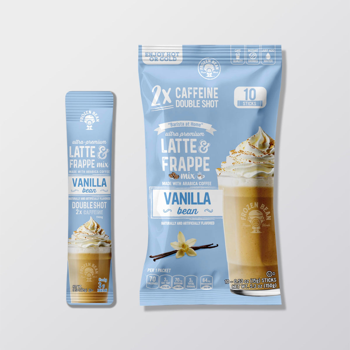The Frozen Bean Vanilla Bean Frappe sticks pack for quick indulgence.