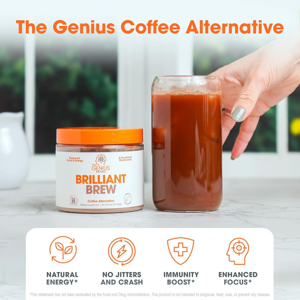 The Genius Brand Genius Brilliant Brew cup with creamy foam suggests smooth, jitters-free energy.