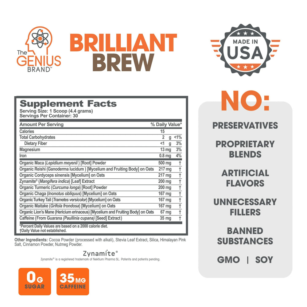 The Genius Brand Genius Brilliant Brew packaging back highlights ingredients and immune-supporting formula.