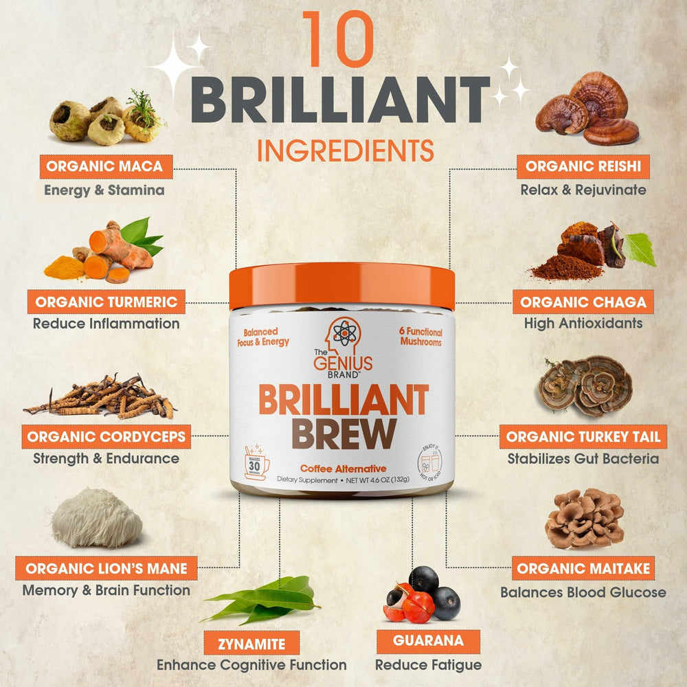 The Genius Brand Genius Brilliant Brew scoop beside a mug signals easy daily use.