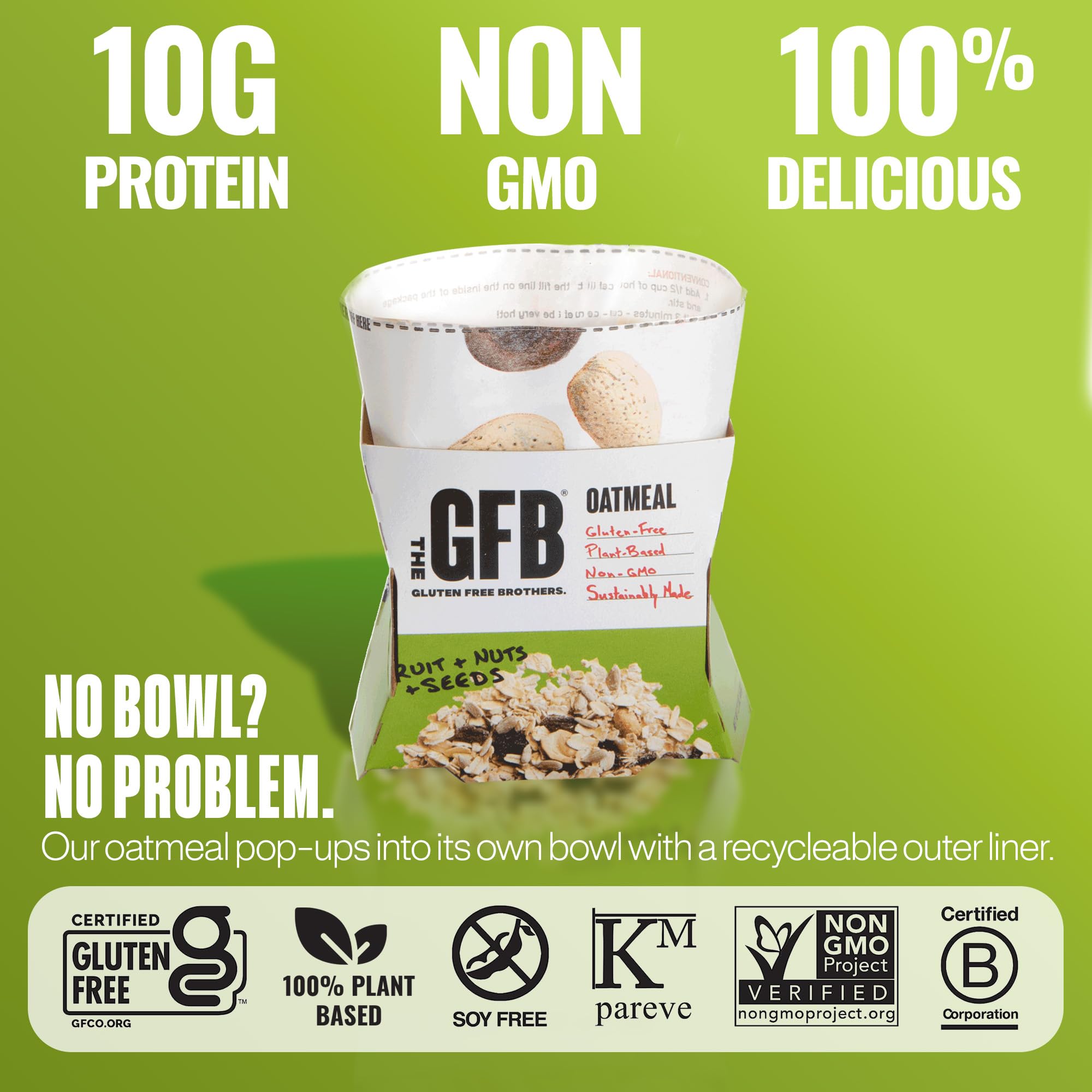 The GFB 10g plant-based protein claim on the oatmeal cup