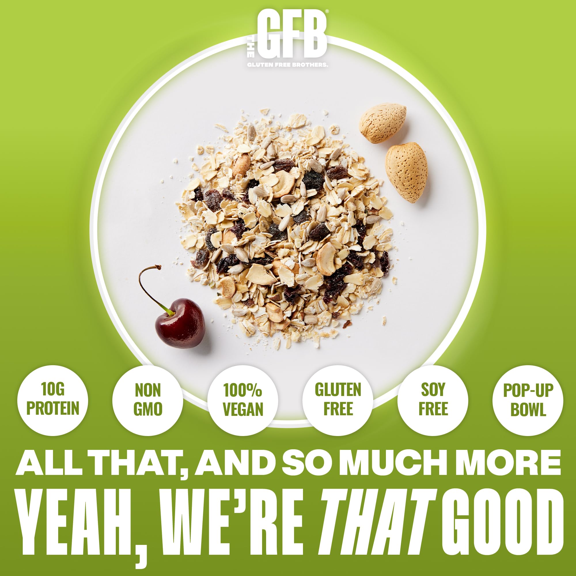 Gluten-free and vegan certification label on the The GFB oatmeal cup