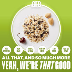 Gluten-free and vegan certification label on the The GFB oatmeal cup