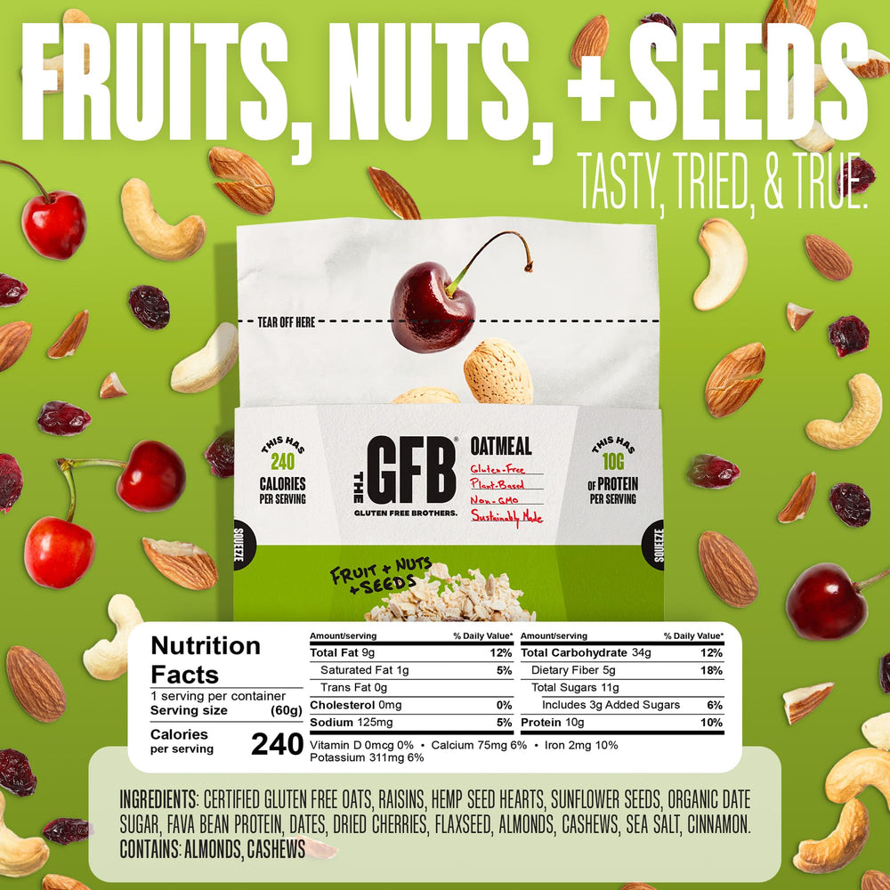 Close-up of oats, raisins, cherries, flaxseed, almonds and cashews in The GFB oatmeal