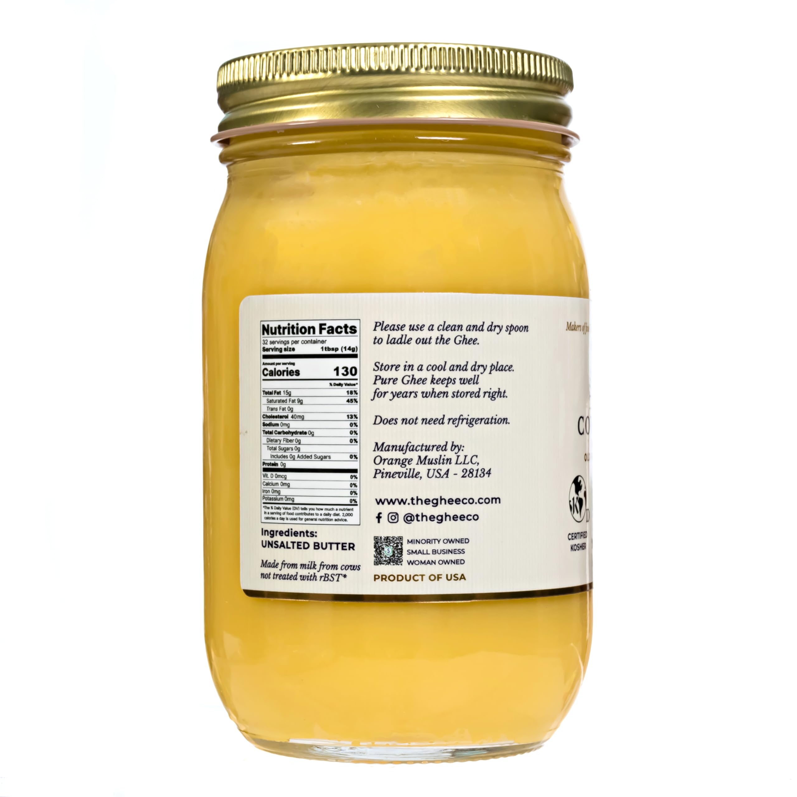Pure ghee from USDA Grade AA butter in a clear glass jar