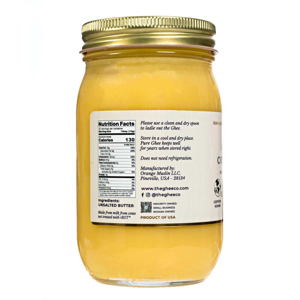 Pure ghee from USDA Grade AA butter in a clear glass jar