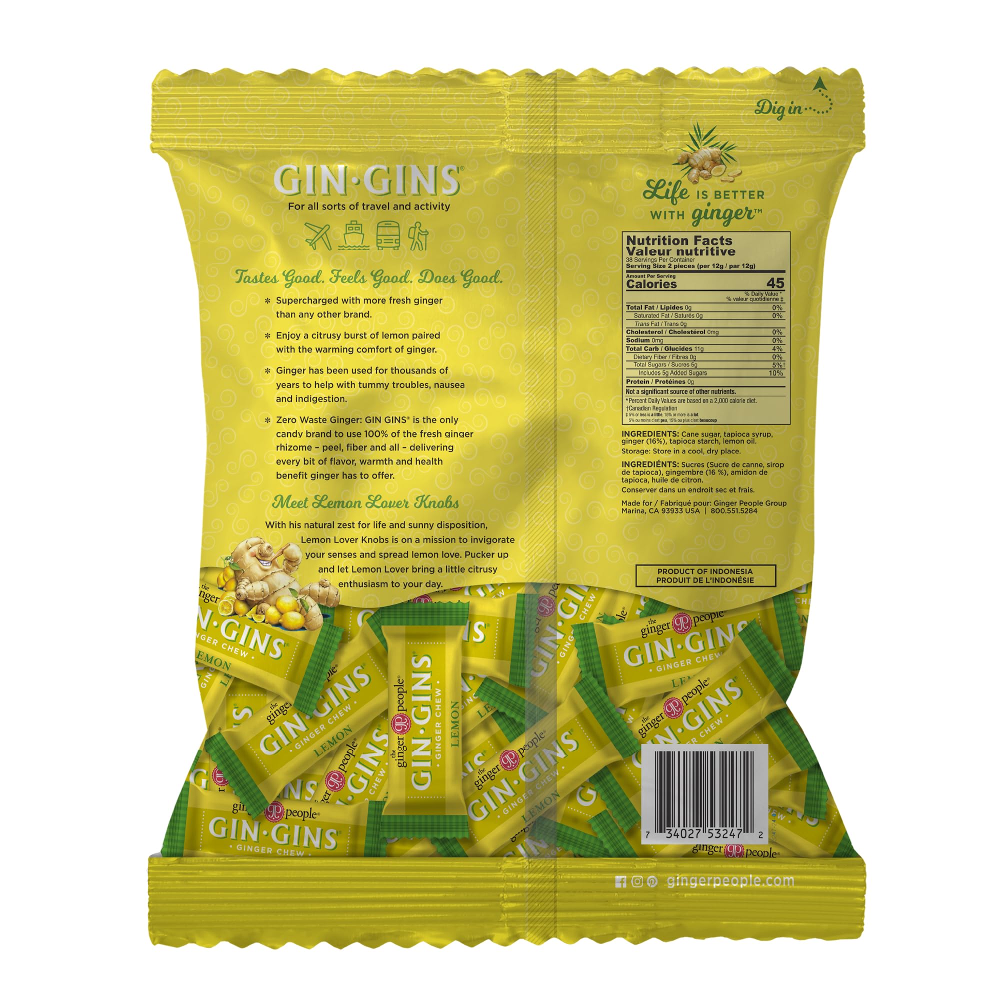 GIN GINS Lemon Ginger Chews packaging displays sustainability badge and natural ingredients.