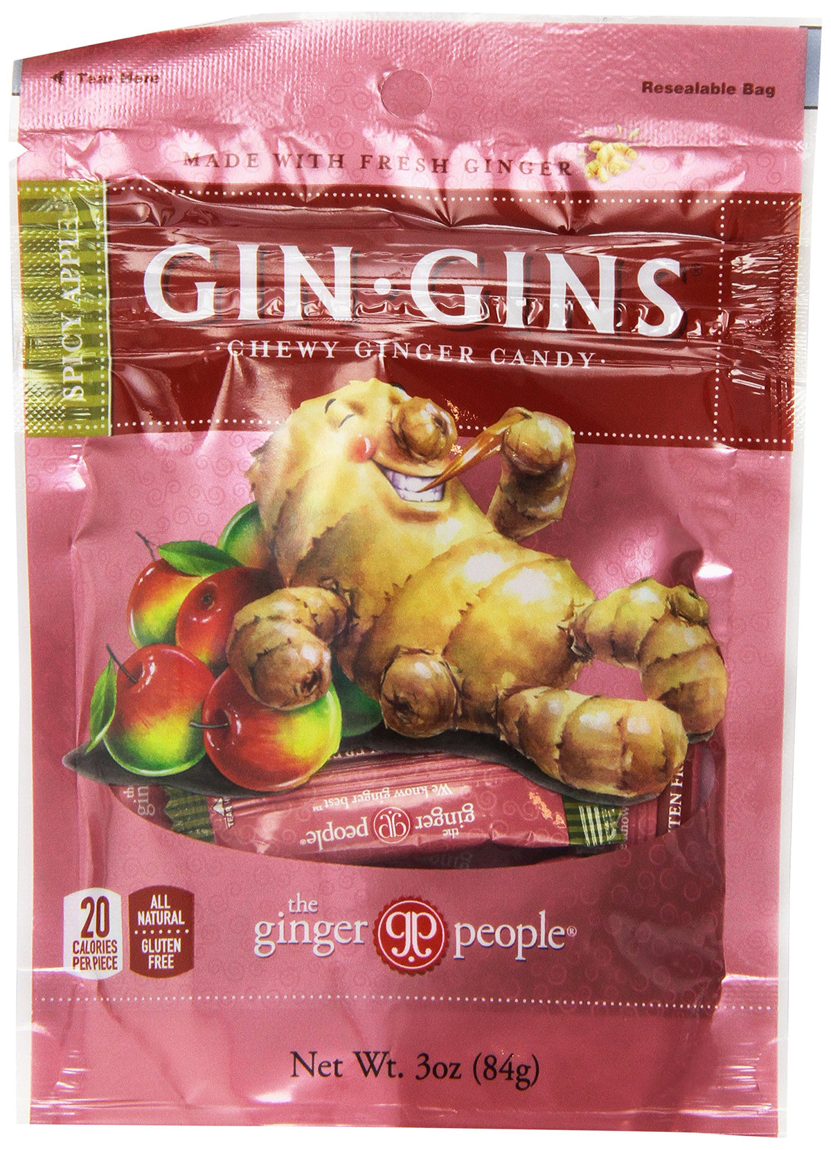 The Ginger People GIN GINS Apple candy bag front with chewy ginger.
