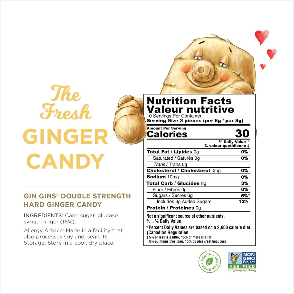 The Ginger People Gin Gins Double Strength candies inside offer individually wrapped on-the-go snacking