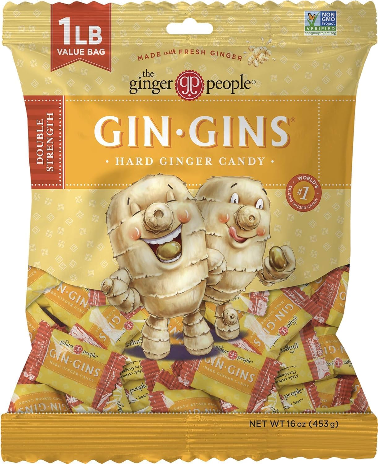 The Ginger People Gin Gins Double Strength candies wrapped provide easy, mess-free enjoyment anywhere