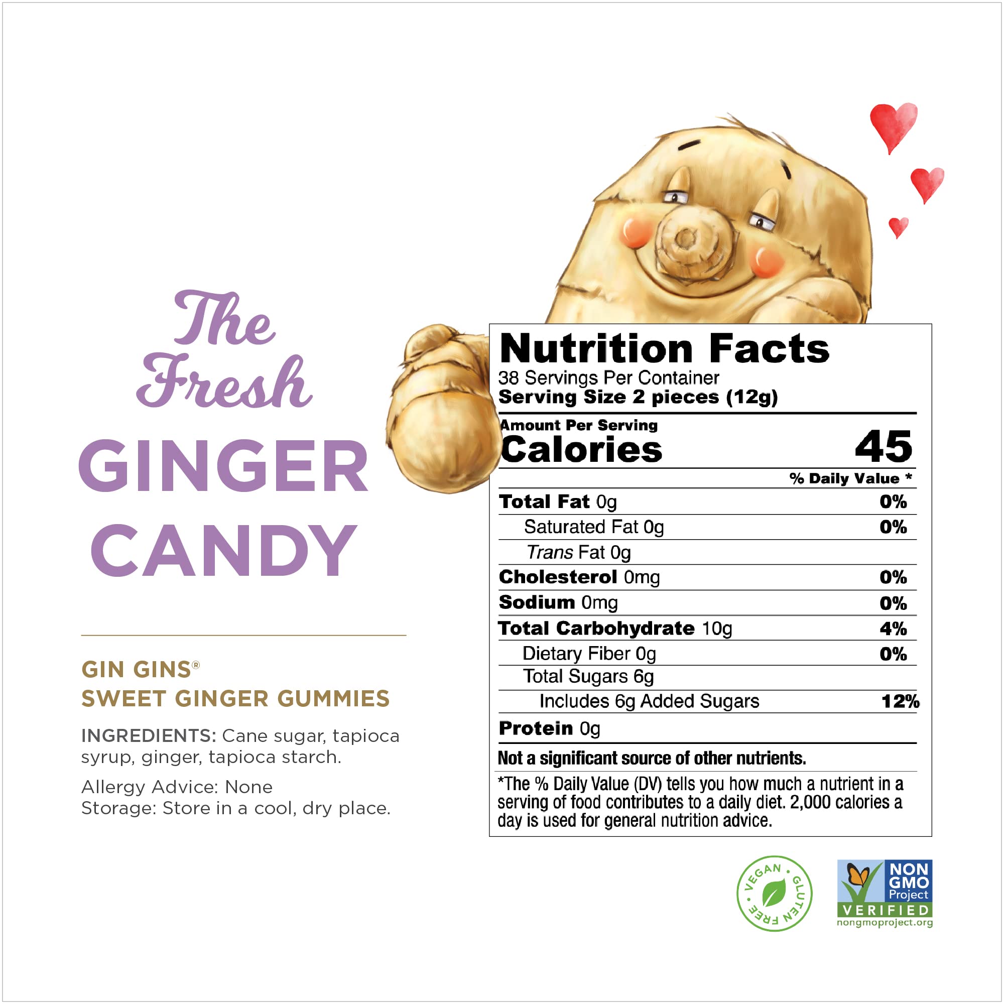GIN GINS gummies close-up reveals natural ginger pieces and color.