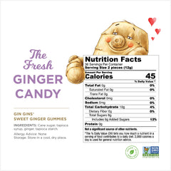 GIN GINS gummies close-up reveals natural ginger pieces and color.